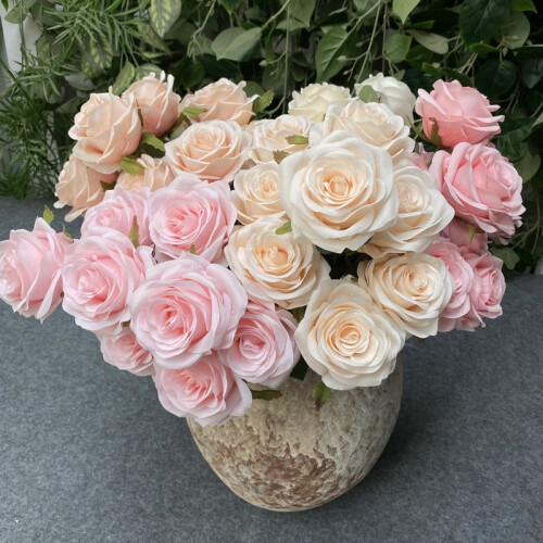 9-Piece Artificial Silk Rose Bouquet – White, Pink, Blue, 1