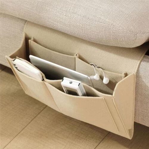 Useful Multi Grey Bed Storage Pockets, Felt Bedside Hanging Storage Phone Remote Control Organizer Holder with 2 Inner Pockets for Bed Table Sofa 1