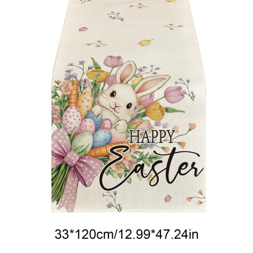 Easter Table Runner – Spring Rabbit Design, Linen Dining Table Cover for Holiday Decor, Brunch & Dinner (B) 2