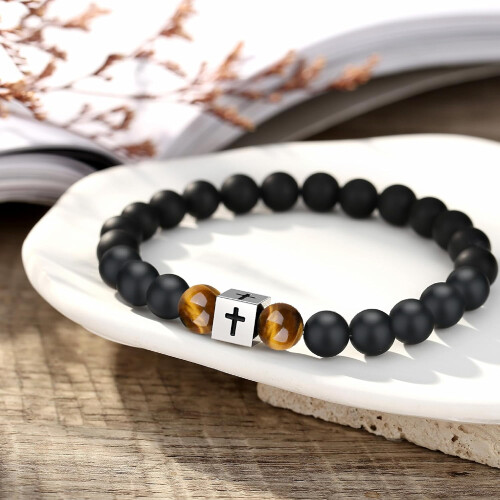 Bracciale da uomo con croce in onice nera e occhio di tigre. 2
