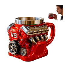 V8-Motor-Kaffeebecher, 300 ml doppelwandiger, isolierter Edelstahlbecher mit Henkel – Retro-Auto-Design, geeignet für Vatertag, Ostern,