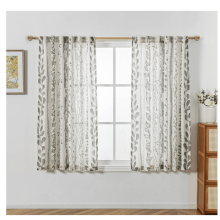 Sage Green Boho Curtains 63" Long, Semi-Sheer Linen Style Back Tab Drapes, Light Filtering, Leaf Print, 50” W x 2 Panels