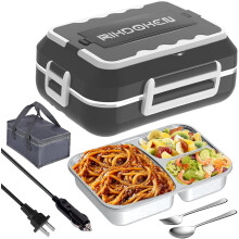60W Heat Lunch Box Heater for Work, 12V 24V 110V Portable Warmer with 1.5L Stainless Container, Leak-proof Lunch Heater with Bag, Spoon, Fork