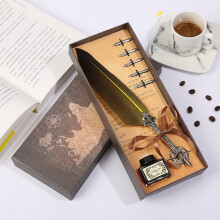Vintage Feather Pen Set with Goose Quill, Carved Stand, Nibs & Ink – Antique Calligraphy Gift – Compatible with Classic Ink