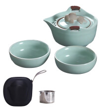 Travel Tea Cup with Infuser & Lid, Handcrafted Ceramic Set, Blue-Green Glazed, Ideal for Camping/Office, Includes Carry Bag