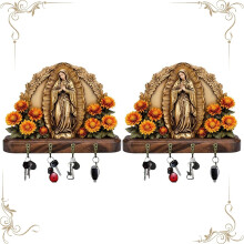 Golden Virgin Mary Key Holder, Wall-Mounted Religious Art – 2D Praying Mary Design, Christian Home Decor, Farmhouse Style, 2PC, Compatible with