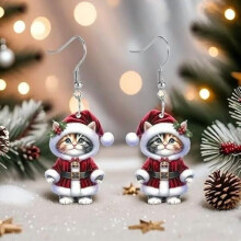 Vánoční náušnice s kočkou Santa Claus pro ženy, akrylové visací 1 pár