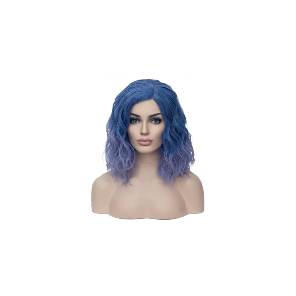 Blue short curly wavy wig heat-resistant synthetic hair