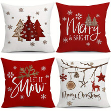 Set di 4 federe natalizie con fiocchi di neve e renne, in lino, senza imbottitura, compatibili con cuscini standard.
