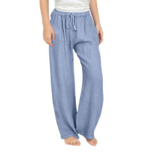 Light Blue Linen Pants for Girls 8-9Y, Loose Fit Elastic Waist, Lightweight Summer Casual Wear – Compatible with School Uniforms