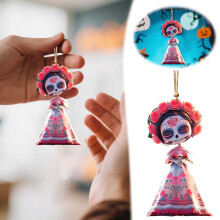 Ornamento Teschio di Zucchero con Rose Rosa – Decorazione da appendere Dia de los Muertos per albero di Halloween, specchietto retrovisore