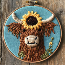 DIY Punch Needle Kit: Cute Highland Cow & Sunflower Pattern, Easy for Beginners, Includes Hoop & Printed Design – 20x20cm, Compatible with Standard