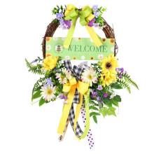 Spring Daisy Wreaths for Front Door, Artificial Spring Summer Door Wreaths with Bow Green Leaf, Farmhouse Wreath