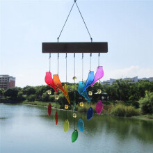 Handwork Crystal Glass & Driftwood Chimes, Sandblasted Glass and Wood Handcrafted Wind Chimes, Birds Wind Chimes