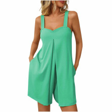 Mint Green XL Women's Solid V-Neck Sleeveless Jumpsuit with Pockets, Lightweight & Flattering – Casual Romper, Compatible with Summer Style