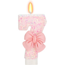 Pink Glitter Number 7 Birthday Candle with Bowknot, 2.76", Cake Topper for 7th Birthday Party