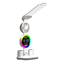 Lampe de bureau avec ventilateur intégré, rechargeable, avec horloge, date et porte-crayons, idéale pour étudier à la maison ou au bureau, ou
