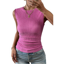 Bluză de vară casual cu guler rotund, tricotată cu nervuri, croială slim fit, textură simplă, fără mâneci, roz-roșu XL