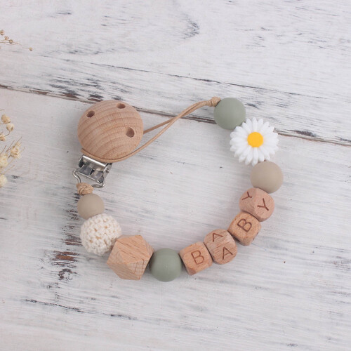 Flower Pacifier Clip Silicone Bead Wood Teether 1 Pack 2