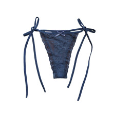 Dámské krajkové tanga, nízký pas s T-backem a zavazováním po stranách, dutý design, měkké a prodyšné – modré