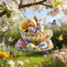 Osterhase und Ei aus Acryl zum Aufhängen, 2D-Design, flach, ideal als Geschenk, für Zuhause, Garten oder als Wanddekoration, 8,4 x 8 cm