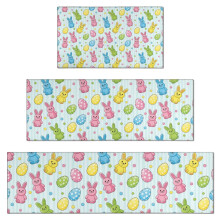Easter and Bunnies Light Blue Stripe Pattern Kitchen Rugs Set Of 3, 17"X30"+17"X47"+17"X59" Non-Skid Washable Anti-Fatigue Mats