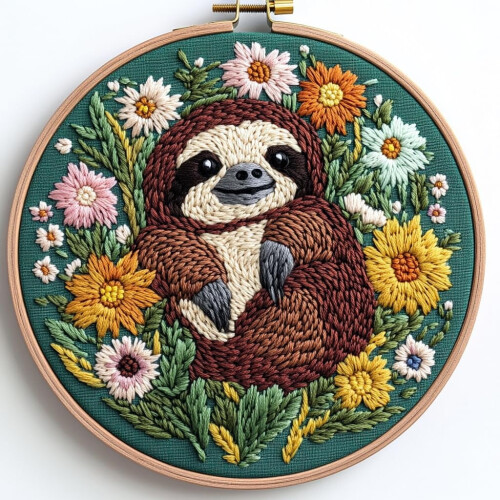DIY Punch Needle Kit: Cute Sloth Pattern, Easy for Beginners, Includes Hoop & Printed Design – 20x20cm, Compatible with Standard Tools