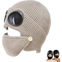 Unisex 3-in-1 Winter Ski Hat with Goggles & Detachable Mask,Winter Warm Outdoor Sports Fashion Aviator Hat(Khaki)