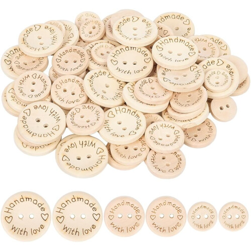 150pcs Beige Wooden Buttons 2-Hole Round 3 Sizes