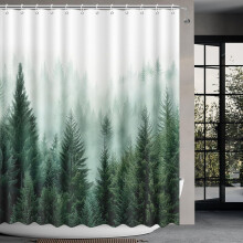Vihreä utuisen metsän suihkuverho, maalaismainen mäntykuvio, vedenpitävä, 60x72", 12 koukkua, yhteensopiva standardisuihkutankojen kanssa