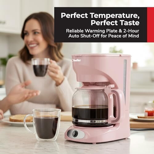 Cafetera rosa de 12 tazas con jarra de borosilicato 2
