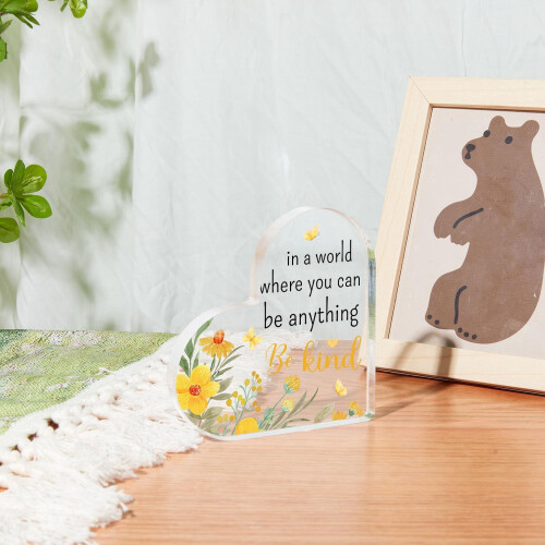 Πινακίδα Γραφείου Be Kind από Ακρυλικό – 3,9x3,9", Ενθύμιο με Λουλούδια και Κίνητρα για 2