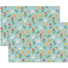 Set van 4 zomerse placemats met paas- en tulpenmotief in lichtblauw, 30 x 45 cm, linnen keukenmatten, antislip, hittebestendig en wasbaar.