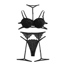 Lingerie Sets for Women New Fashion Lace Lingerie Underwear Sleepwear Steel Ring Pajamas Garter Bra Set, Color:Black, Size:S