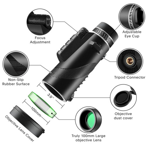 80x100 HD Low-Light Monocular Telescope with Smartphone Adapter, 15.55.5cm — Compatible with iPhone/Android 2