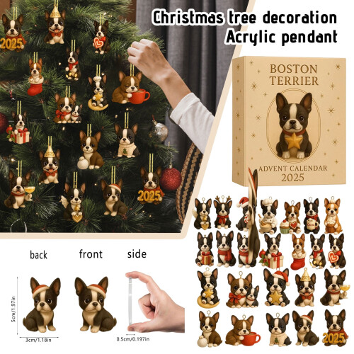 Ημερολόγιο Advent Boston Terrier 2025 – 24ήμερη αντίστροφη μέτρηση με ακρυλικό στολίδι, δώρο