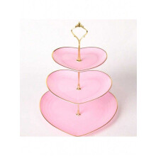 Suporte para bolo de metal em formato de coração rosa, com 3 andares.