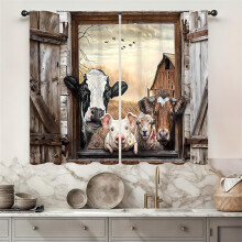 Rideau de cuisine style ferme avec vaches, 71 x 102 cm, 2 panneaux, passe-tringle, motif animaux de grange rustiques, compatible avec les tringles
