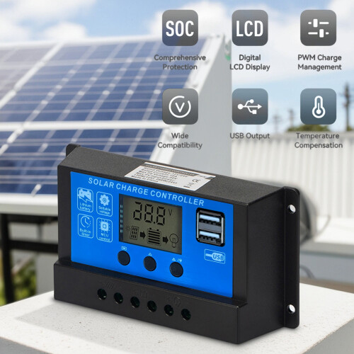 Controlador de carga solar PWM 30A 12V/24V com display LCD 2