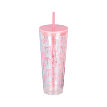 1 Stück niedlicher Schleifenbecher aus Kunststoff mit Deckel und Strohhalm, 590 ml wiederverwendbarer Kaffeebecher für Frauen – Rosa, 22,6 cm