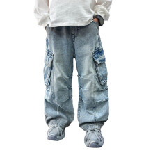 Pantaloni per ragazzi, jeans a gamba dritta in denim largo con tasche, pantaloni casual comodi per tutti i giorni, jeans per ragazzi, 13 blu, 9-10