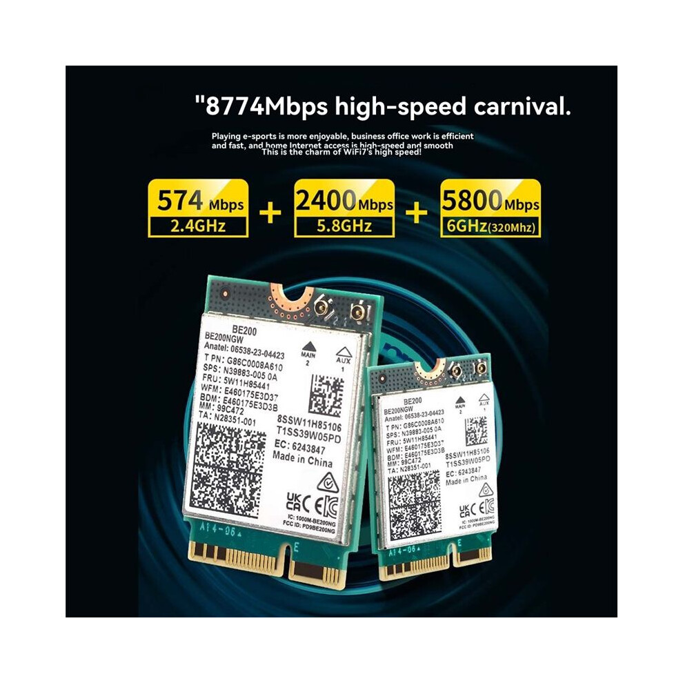 Be200 Wifi 7 Card+8Dbi Antenna 2.4G/5G/6Ghz 5.4 Wifi Adapter 8774Mbps Wireless Network Card For Win10/11 4711498916891