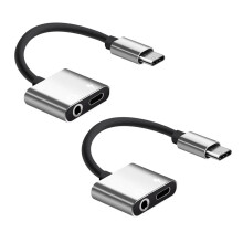 2X 2 In1 Type-C to 3.5mm Headphone Jack Adaptor/Connector Charger, Earphone Aux Audio & Charge Adaptor Silver