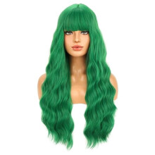Groene krullende pruik met pony voor dames, donkergroene, hittebestendige synthetische pruik voor kostuums, cosplay of dagelijks gebruik. Inclusief