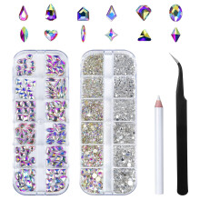 120 peças de strass de vidro de vários formatos + 2400 peças de pedras de unha com base plana, pinça e lápis de cera – Compatível com todos