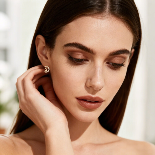 Crescent Moon Deer Stud Earrings Gold Tone with Crystals 1