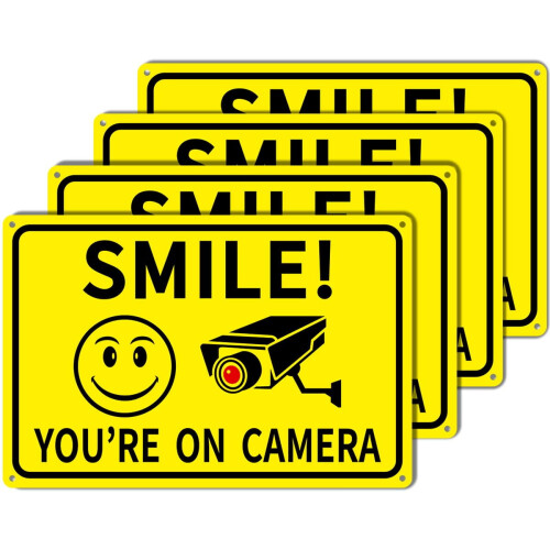 Πακέτο 4 πινακίδων Smile You're On Camera από αλουμίνιο 8" x 12"
