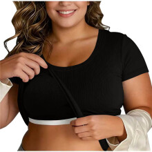 Canotta da donna taglie forti alla moda, tinta unita, con imbottitura reggiseno senza ferretto integrata, scollo rotondo e maniche corte, ideale per