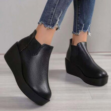 Leather Ankle Boots Slip On Round Toe Style Chunky Low Heel Comfortable Everyday Casual Walking Shoes Black 43