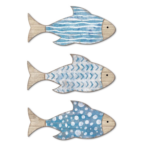 Conjunto de 3 enfeites de parede em forma de peixe de madeira – Tema costeiro